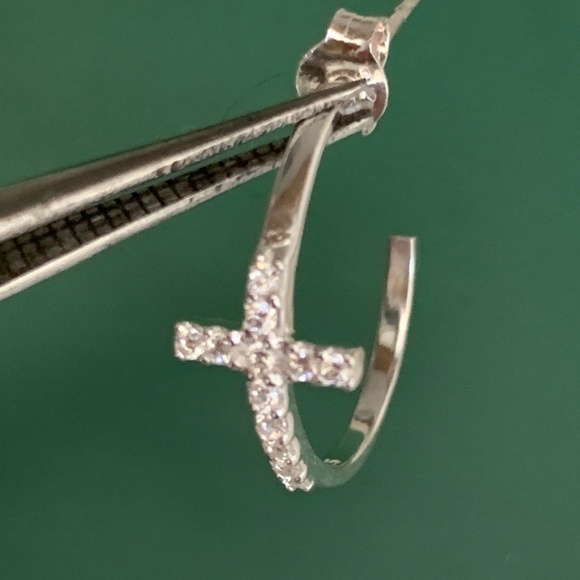 .925 Cross Hoop Sterling Silver Earrings #faith #bible - Picture 6 of 7